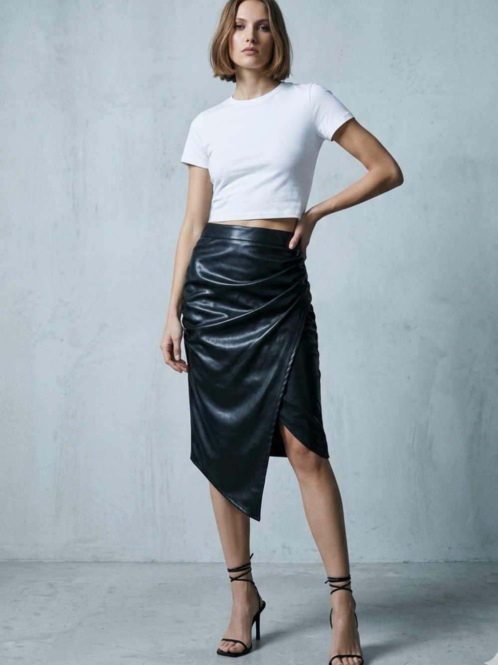 NWT Cider Faux Leather Ruched Asymmetric Wrap Skirt